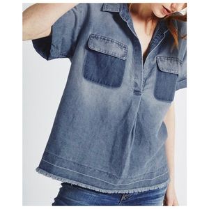 NWT Adriano Goldshmeid Peter Top in Sunwashed Patched Denim Polo